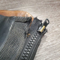 Leather Half Chaps, Back Zips *fair, rubs, peeled, holey, unstitched, dirty, stiff zips
