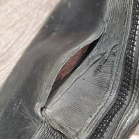 Leather Half Chaps, Back Zips *fair, rubs, peeled, holey, unstitched, dirty, stiff zips
