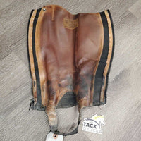 Leather Half Chaps, Back Zips *fair, rubs, peeled, holey, unstitched, dirty, stiff zips

