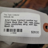 Leather Half Chaps, Back Zips *fair, rubs, peeled, holey, unstitched, dirty, stiff zips

