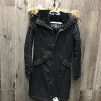 Storm Mountain Med-Long Winter Jacket, fleece lining, detachable hood, zip *vgc, mnr hair, broken inside loop
