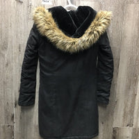 Storm Mountain Med-Long Winter Jacket, fleece lining, detachable hood, zip *vgc, mnr hair, broken inside loop
