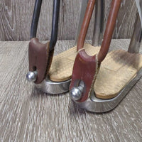 Pr Hvy Safety Stirrup Irons, elastics & keepers *gc, clean, stains, residue, faded, scuffs, mismatched rubber band, scratches
