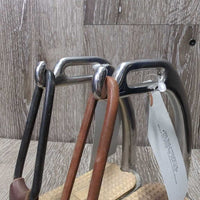 Pr Hvy Safety Stirrup Irons, elastics & keepers *gc, clean, stains, residue, faded, scuffs, mismatched rubber band, scratches
