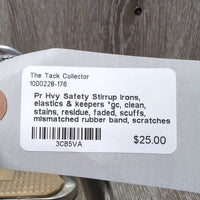 Pr Hvy Safety Stirrup Irons, elastics & keepers *gc, clean, stains, residue, faded, scuffs, mismatched rubber band, scratches
