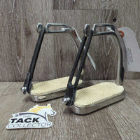 Pr Hvy Safety Stirrup Irons, elastics & keepers *gc, clean, stains, residue, faded, scuffs, sticker, scratches
