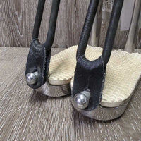 Pr Hvy Safety Stirrup Irons, elastics & keepers *gc, clean, stains, residue, faded, scuffs, sticker, scratches
