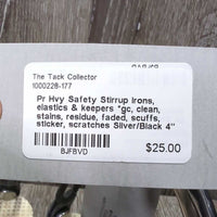 Pr Hvy Safety Stirrup Irons, elastics & keepers *gc, clean, stains, residue, faded, scuffs, sticker, scratches
