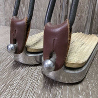 Pr Hvy Safety Stirrup Irons, elastics & keepers *gc, clean, stains, residue, faded, scuffs, cracking bands, scratches
