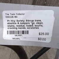 Pr Hvy Safety Stirrup Irons, elastics & keepers *gc, clean, stains, residue, faded, scuffs, cracking bands, scratches
