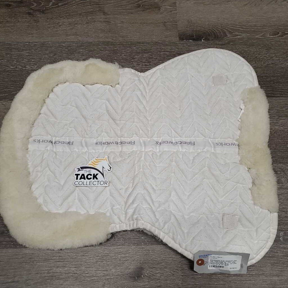 Quilt Sheepskin Half Pad, rolled edge *gc, clean, pilly, stains, bare spot, dingy, cut tabs