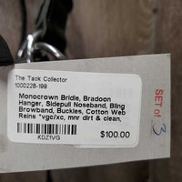 Monocrown Bridle, Bradoon Hanger, Sidepull Noseband, Bling Browband, Buckles, Cotton Web Reins *vgc/xc, mnr dirt & clean