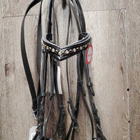 Monocrown Bridle, Bradoon Hanger, Sidepull Noseband, Bling Browband, Buckles, Cotton Web Reins *vgc/xc, mnr dirt & clean
