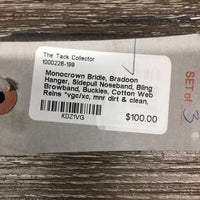 Monocrown Bridle, Bradoon Hanger, Sidepull Noseband, Bling Browband, Buckles, Cotton Web Reins *vgc/xc, mnr dirt & clean
