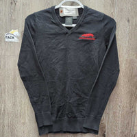 LS V Neck Sweater, "Spruce Meadows" *gc, pills, hair, faded, rubs
