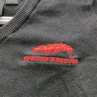 LS V Neck Sweater, "Spruce Meadows" *gc, pills, hair, faded, rubs
