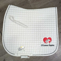 Quilt Dressage Saddle Pad, bling "O'Connor Eques" *gc, clean, dingy, stains, rubs, threads, pills
