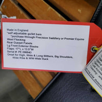 17" *adj *Red/Wide Gullet In Premier Equine Monoflap Dressage Saddle, Green Premier Equine Cover, Wool Flocking, Rear Gusset Panels, Lg Front Exterior Blocks, Flaps: 17"L x 13.5"W Serial #: PE 090043
