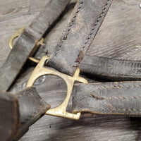 V.Stiff Triple Stitch Leather Halter, "Winsome" nameplate, adj, snap *gc/fair, v.stiff, dry, dirty, scrapes, crackles, threads, rust
