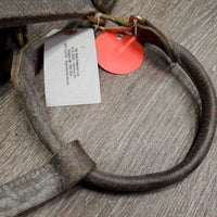 V.Stiff Triple Stitch Leather Halter, "Winsome" nameplate, adj, snap *gc/fair, v.stiff, dry, dirty, scrapes, crackles, threads, rust
