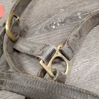 V.Stiff Triple Stitch Leather Halter, "Winsome" nameplate, adj, snap *gc/fair, v.stiff, dry, dirty, scrapes, crackles, threads, rust
