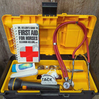 First Aid Kit: Toolbox, tray, Flashlight, 3x scissors, vet wrap, book, stethoscope, thermometer *like new, flashlight doesnt work?

