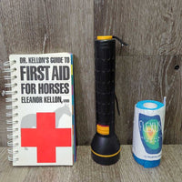 First Aid Kit: Toolbox, tray, Flashlight, 3x scissors, vet wrap, book, stethoscope, thermometer *like new, flashlight doesnt work?
