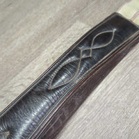FS Thick Padded Leather Girth, 2x els *gc, clean, creases, stiff, stains, mnr rubs, hairy seams, rubs & frayed elastic edges
