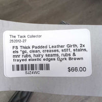 FS Thick Padded Leather Girth, 2x els *gc, clean, creases, stiff, stains, mnr rubs, hairy seams, rubs & frayed elastic edges
