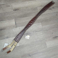 Narrow Thin Padded Leather Girth, els *gc/fair, clean, stiff, v.torn & stretched els, creases, dry, hairy seams, older

