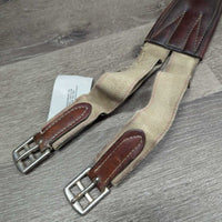 Narrow Thin Padded Leather Girth, els *gc/fair, clean, stiff, v.torn & stretched els, creases, dry, hairy seams, older
