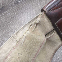 Narrow Thin Padded Leather Girth, els *gc/fair, clean, stiff, v.torn & stretched els, creases, dry, hairy seams, older

