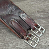 Narrow Thin Padded Leather Girth, els *gc/fair, clean, stiff, v.torn & stretched els, creases, dry, hairy seams, older
