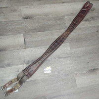 Narrow Thin Padded Leather Girth, els *gc/fair, clean, stiff, v.torn & stretched els, creases, dry, hairy seams, older
