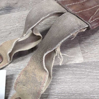 Narrow Thin Padded Leather Girth, els *gc/fair, clean, stiff, v.torn & stretched els, creases, dry, hairy seams, older
