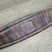 Narrow Thin Padded Leather Girth, els *gc/fair, clean, stiff, v.torn & stretched els, creases, dry, hairy seams, older
