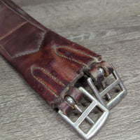Narrow Thin Padded Leather Girth, els *gc/fair, clean, stiff, v.torn & stretched els, creases, dry, hairy seams, older

