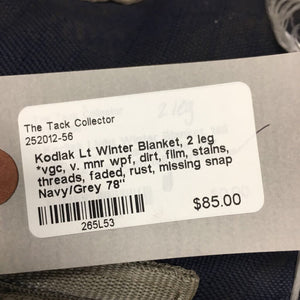 Lt Winter Blanket, 2 leg *vgc, v. mnr wpf, dirt, film, stains, threads, faded, rust, missing snap