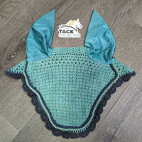 Crochet Ear Bonnet Fly Veil, 2x piping *gc, clean, stains, mnr faded, loose threads & snags
