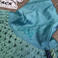 Crochet Ear Bonnet Fly Veil, 2x piping *gc, clean, stains, mnr faded, loose threads & snags
