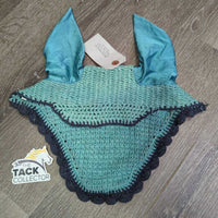 Crochet Ear Bonnet Fly Veil, 2x piping *gc, clean, stains, mnr faded, loose threads & snags
