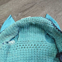 Crochet Ear Bonnet Fly Veil, 2x piping *gc, clean, stains, mnr faded, loose threads & snags
