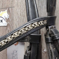 Monocrown Bridle, Bling, Flash, Plain Notched Reins *gc, residue, creases, rubs, scrapes, missing keeper
