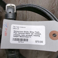 Monocrown Bridle, Bling, Flash, Plain Notched Reins *gc, residue, creases, rubs, scrapes, missing keeper
