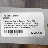 Pointy Toe Tall Western Boots, Inserts *gc, older, rubs, scratches, slices toes: scraped, peeled & thin
