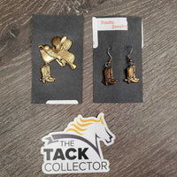 Pr Light Cowboy Earrings & Western Saddle Pin Set *like new
