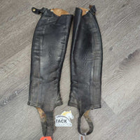 Leather Half Chaps, Back Zipper *gc/fair, dirty, rubs, thin & holey spots, unstitched seams, stretched
