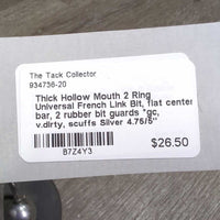 Thick Hollow Mouth 2 Ring Universal French Link Bit, flat center bar, 2 rubber bit guards *gc, v.dirty, scuffs
