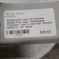 Quilt All Purpose Saddle Pad, tags, "Willowdale Champion *new, v. mnr hair, threads
