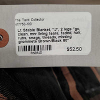 Lt Stable Blanket, "J", 2 legs *gc, clean, mnr lining tears, faded, hair, rubs, snags, threads, missing grommets
